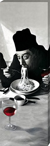1art1 Kochkunst Poster Spaghetti, Rotwein, Don Camillo Bilder Leinwand-Bild Auf Keilrahmen | XXL-Wandbild Poster Kunstdruck Als Leinwandbild 120x40 cm