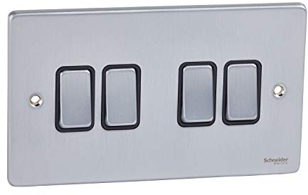 Schneider Electric Ultimate Low Profile GU1542BPC 4-facher Kippschalter, 2-Wege Lichtschalter, 16AX, poliertes Chrom mit schwarzem Einsatz