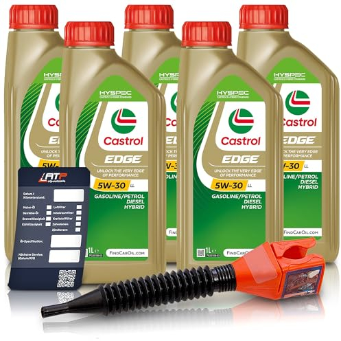 5x 1 L Liter Castrol Edge Fluid Titanium 5W-30 LL Motoröl inkl. Castrol Ölwechselanhänger und Einfülltrichter