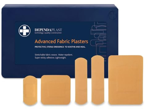 Reliance Medical Sterile Dependaplast Advanced Fabric Plasters - Latex-Free, Washproof, Low-Allergy, Assorted Sizes in Blue Box (Pack of 120)