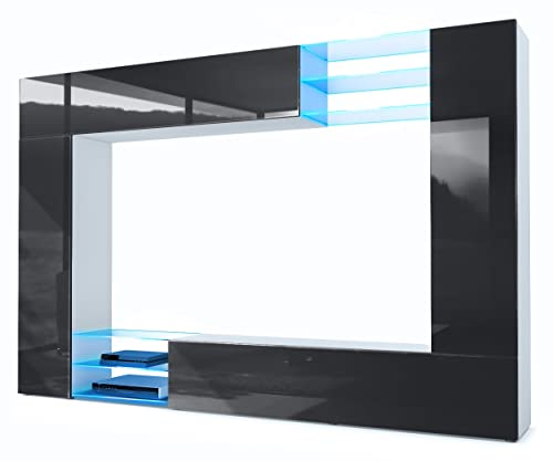 Vladon Meuble TV Mural Mirage, Ensemble étagère TV avec Panneau arrière et 2 Portes, 2 clapets et 6 étagères en Verre, Blanc Mat/Noir Haute Brillance, éclairage LED Inclus (262 x 183 x 39 cm)
