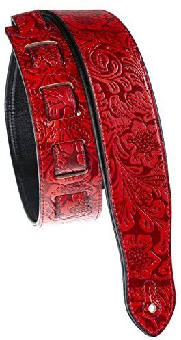 Fame Premium Leder Gitarrengurt, 1350mm Länge, 65mm Breite, Floral Muster, Rot, Ideal für Gitarre und Bass