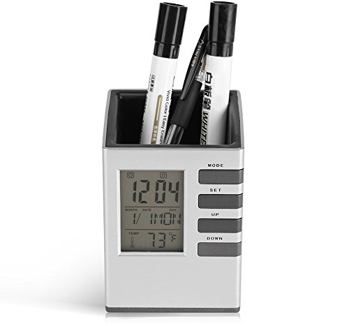 Fdit Multifunktionale LED Tischuhr Standuhr Wecker Digital LCD Bleistiftbehälter Bildschirm Wecker Stifthalter Temperaturanzeige für Haus Büro