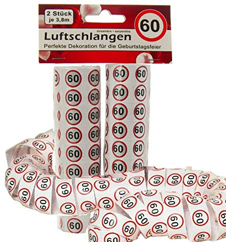 TOP TEN 2 Rollen Luftschlangen mit Verkehrschild Druck Zahl 60 Geburtstag Party Dekoration (60)