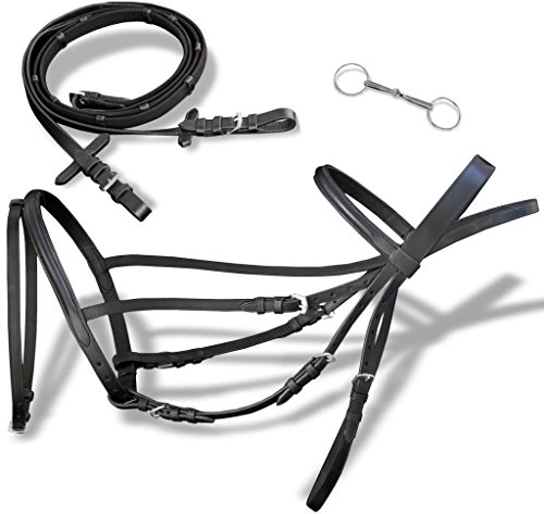 pedkit Leder Trense Trensenzaum mit Zügeln und Gebiß Pony Zaum und Zügel aus hochwertigem Schwarz Bombiertes Reithalfter