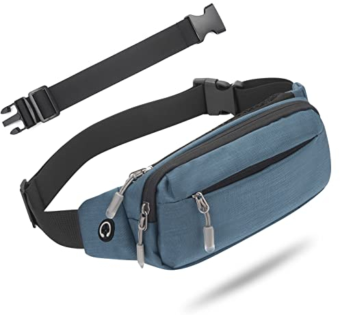 USHAKE Bauchtasche mit Verlängerung für Männer oder Frauen, mittlere Größe, Hüfttasche mit 3 Reißverschlusstaschen, verstellbare Träger für Freizeitreisen, Wandern, Blau Grau, one size for all