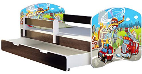 ACMA Kinderbett Jugendbett mit Einer Schublade und Matratze Wenge mit Rausfallschutz Lattenrost II 140x70 160x80 180x80 (36 Feuerwehr, 180x80 + Bettkasten)