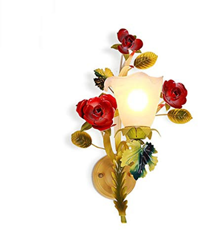 GDLight Pastoral Red Rose Wandleuchten Wandmontage Floral Glass Shade Nachtlichter Eisen Wandleuchte Beleuchtung für Schlafzimmer Wohnzimmer Flur Balkon,1light