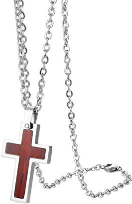 Flongo Frauen Kreuz Halskette Männer Anhänger aus Holz Rosenkranz Kette Silber Jahrgang Herren-Accessoires Modell B