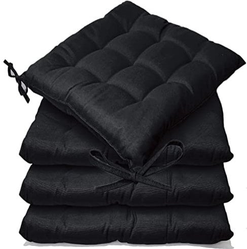 Casabella Pack of 4 Seat Pad for Dining Chair Garden Kitchen Chair Cushion With Tie On_9 Stitch_Black Indoor/Outdoor Comfortable chair pads for Kitchen seat pads 9 stitch cushions