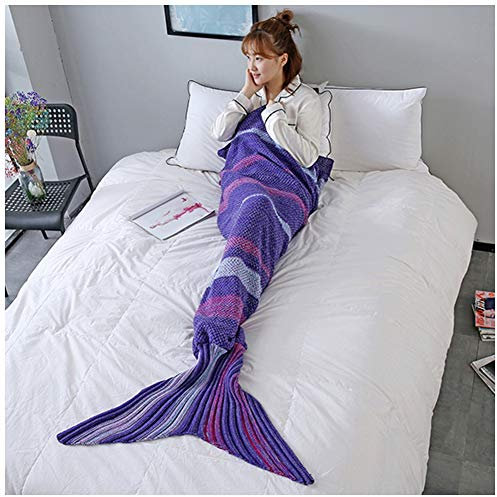 YOUCAI Meerjungfrau Decke, Handgemachte Häkeln Weiche Strick Meerjungfrau Schwanz Decke TV Decke Strickmuster Schlafsack für Erwachsene Mädchen Kinder Lila 70x140cm