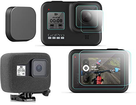 Komet Schiuma parabrezza + lente e pellicola protettiva in vetro LCD + copriobiettivo compatibile per GoPro Hero 8 Action Camera (confezione da 6)
