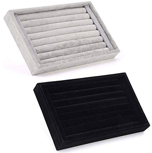 KKTICK 7 Fächer Schmuck Display Aufbewahrungsbox, Weich Eissamt als Stoff Ringkasten, Tabletts für Ohrring, Broschen Aufbewahrungsbox, Ohne Abdeckung Schmuck Behälter (2 Stück, 22.5 X 14.5 CM)