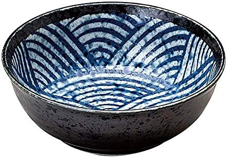 Bol à Soupe Donburi Japonais Mino-yaki en céramique, 13x4,5 cm, fabriqué au Japon, Motif Traditionnel de Vague de Seigaiha, Bleu K10001