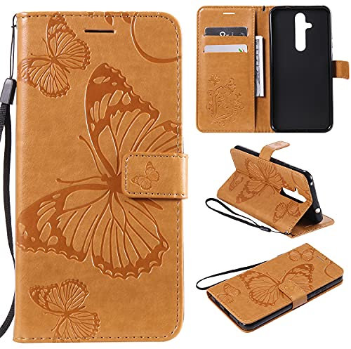 nancencen Handyhülle Kompatibel mit Nokia 8.1 Plus / X71,Geldbörse PU Leder Flip Cover Schutzhülle Hülle Klapphalterungsfunktion -Einfarbig Schmetterling Gelb