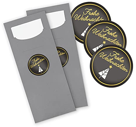 itenga 24x Bestecktaschen GRAU Frohe Weihnachten schwarz weiß gold Pochetten inkl. Serviette und Sticker Aufkleber Tischdeko Einweggeschirr