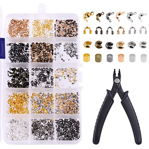 Glarks 1501 Stück 4 Stile 5 Farben Messing Rohr Crimpperlen Knoten Abdeckung Draht Schutzperlen Spitzen Knoten Abdeckung mit Schmuckperlen Crimpzange für DIY Schmuck Armband Halskette
