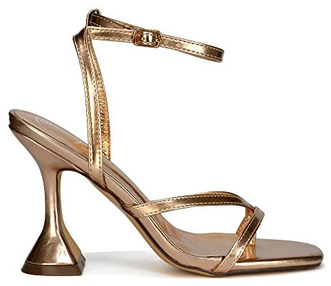 Womens Strappy Ankle Sandals Ladies Square Toe Strap Flared Heel Party Shoes Size 3-8 Rose Gold Metallic