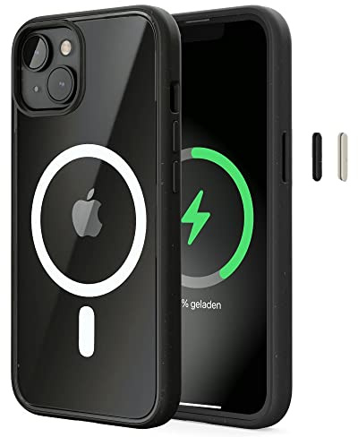 Woodcessories - iPhone 14, iPhone 13 Clear Case mit MagSafe | Transparente Handyhülle mit Kameraschutz | Anti Yellowing, Anti Kratzschutz, Dünn, Schwarz Klar | DIY Knöpfe