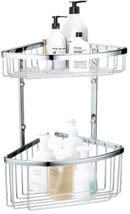 Blue Canyon 2 Tier Wall Mounted Corner Caddy Double Basket, Stainless Steel Caddy, Non-Rusting Storage Shelves, Shower Accessory for Bathroom Organisation, Bathroom Shower Caddy Wall Mounted Drilled