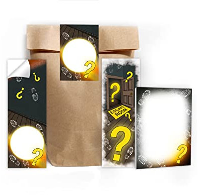12 Lesezeichen + 12 Mini-Notizblöcke + 12 Geschenktüten (Natur) + 12 Aufkleber Escape Room Mitgebsel Gastgeschenk beim Kindergeburtstag Jungen Mädchen