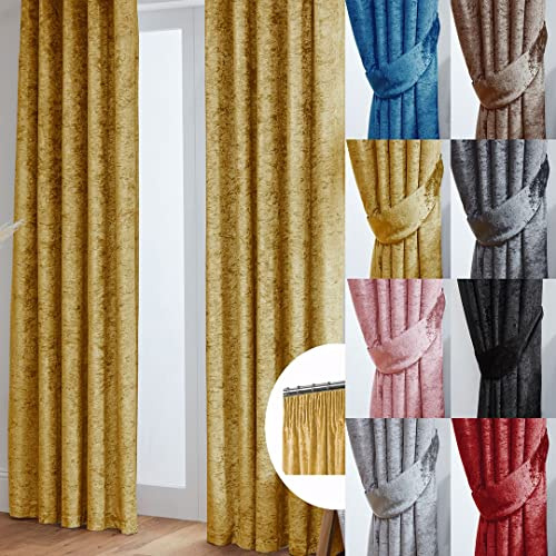 John Aird Crushed Velvet Fully Lined Pencil Pleat Curtains (Ochre, 90 Wide x 108 Drop)