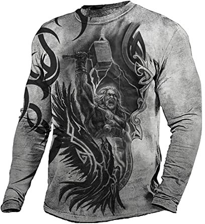 Men Viking Warrior Print Long Sleeve T-Shirt Lightweight Basic Tee Blouse Vintage Viking Tattoo Hip Hop T-Shirts