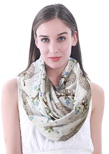 Lina & Lily Damen Loop Schal Halstuch mit Faultier-Print, Leichter Stoff für alle Jahreszeiten (Weiß)