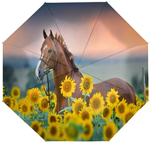 TropicalLife Reise-Regenschirm Pferd Sonnenblume Automatisches Öffnen/Schließen Regenschirm Tragbarer UV-Schutz Winddicht Faltschirm, multi, Einheitsgröße