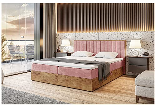 MEBLINI Boxspringbett mit Bettkasten - Gepolstert Doppelbett mit Matratze und Topper - Polsterbett mit Stauraum - Bett mit Kopfteil - Stauraumbett - Lofty 4-140x200 - H3/Rosa Samt