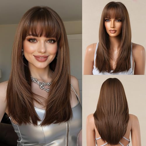 Testar Dark Honey Brown Wig, Medium, 22IN, Straight, Heat Resistant, Breathable, Bangs, Lightweight