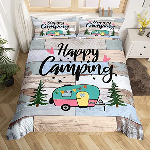 Rustikale Farmstyle Bettbezug Kinder Camping Thema Bettwäsche 135x200,Glückliche Camping Tröster Abdeckung Western Schlafzimmer Dekor,Camper Bettwäsche Abdeckung Vintage Alte Scheunentür Bettwäsche