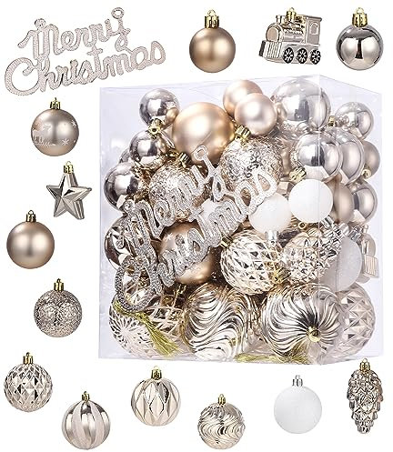2023 Neue Weihnachtskugeln Weihnachtsdeko 65 Stücke,Box mit Christbaumkugeln Kunststoff,Christbaumschmuck, Weihnachtsdekoration,Party Festival Decor(Champagner Gold)