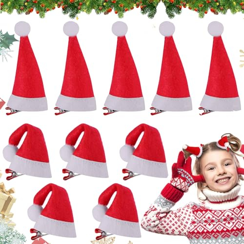 Qunkun Haarspangen für Weihnachten, 10 Stück Weihnachten Haarspange, Mini Weihnachtsmütze, Weihnachten Hut Haar Accessoires, Rot Santa Hut Haarklammern für Mädchen Damen Weihnachtsmann Kostüm Zubehör