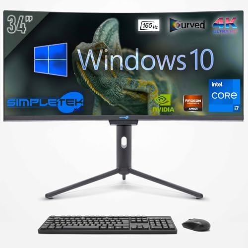 SIMPLETEK All in One 34 i7 4K Curvo 165Hz | Windows 10 Pro | GTX1650 4GB | 16GB RAM SSD 960GB | Integrierte Webcam 2K | Aio Gaming Computer | WiFi6 | BT 5.2
