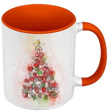 Premium Quality Colour Mug Orange – Christmas Tree Painting Style Watercolour – Mug with Handle and Coloured Interior