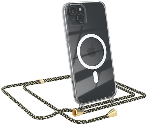 EAZY CASE - Handykette kompatibel mit iPhone 15 Plus Kette zum Umhängen Stoßfest Handyhülle für iPhone 15 Plus Silikon Hülle mit Band Handytasche Transparent als Fallschutz in Grün Camouflage