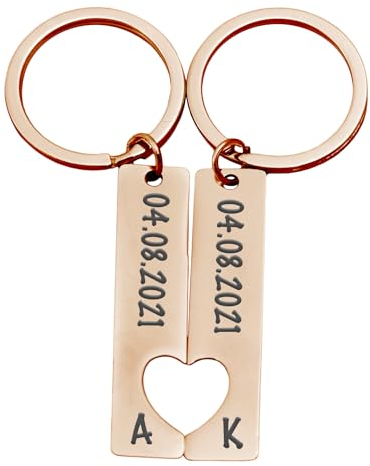 Partner Schlüsselanhänger Personalisiert | 2er Set mit Gravur Datum und Namen | Geschenk zum Jahrestag Valentinstag Geburtstag für ihn und sie | Anhänger mit Herz Männer und Frauen | Roségold