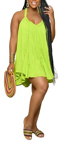 Vestido de verano sexy para mujer, cuello halter, talla grande, vestido largo casual, floral, playa, con bolsillos, Verde lima, XXL