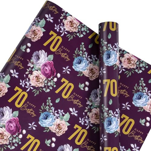 RUSPEPA Geburtstags-Geschenkpapier mit Duftenden, bedruckten Blumen für 80. Geburtstag, Party und mehr – 43,2 cm x 5 m – 70 Jahre alt