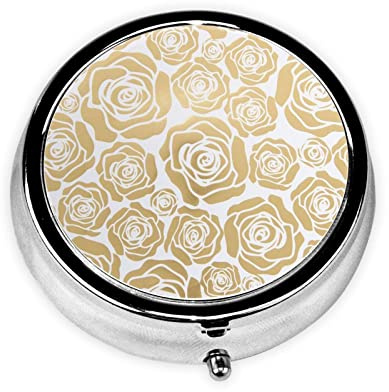 Pillendose mit vielen goldenen Blumen, rund, tragbar, Mini-Metall-Pillendose, 3 Fächer, Medikamentenbox