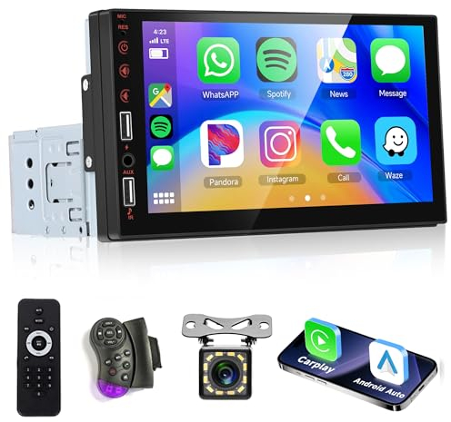 Rimoody Carplay Radio de Coche 1 DIN con Android Auto Mirror Link Bluetooth 7 Pantalla Táctil Pulgadas Radio Coche con FM Radio USB/AUX/DVR/EQ Controles del Volante Cámara Trasera Mandos a Distancia
