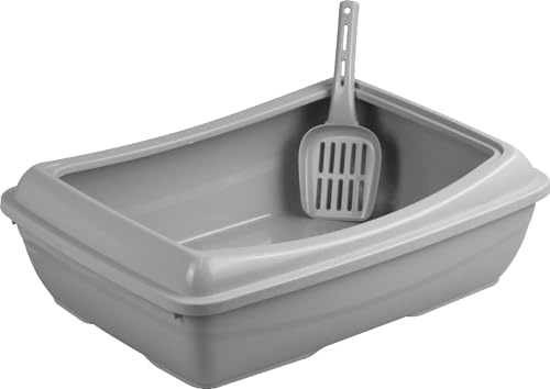 Cat Litter Tray with Scoop Kitten Waste Open Deep Toilet Loo Tray Box Matching Scoop Set (Grey, M)