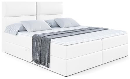 ALTDECOR Boxspringbett mit Matratze und Lattenrost, Boxbett, Topper, Polsterbett mit Bettkasten, Bett mit Stauraum H3-Matratze, Doppelbett, Springboxbett - BOXI3-180x200 - Weiß Kunstleder