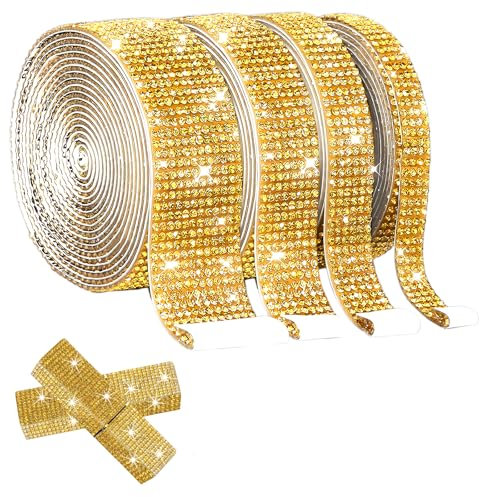 4 Rouleaux Ruban Strass Autocollant, Ruban de Diamant Strass Auto-Adhési, pour Bricolage Voiture Art Artisanat Décors (Or)