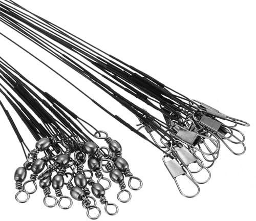 PATIKIL Fishing Wire Leaders 8, 30Pcs 30LB Strength Nylon-coated Fishing Line Leaders with Swivel and Snap for Saltwater Freshwater, Black