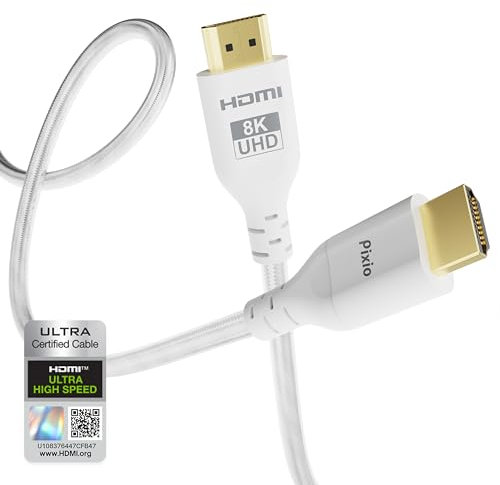 Pixio Weißes 8K HDMI 2.1 Kabel, Ultra-zertifiziert, Ultra-High-Speed, 8 m, 8 K, 60 Hz, 4 K, 120 Hz, Nylon geflochten, vergoldeter Stecker, bruchsicher, HDR10+, dtsx, eARC, HDCP, Dolby kompatibel