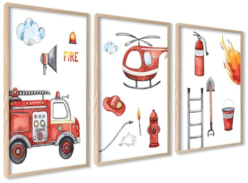 ag.art deco Kinder Poster Set | 3 Stück 50x70 MIT HOLZ RAHMEN | Feuerwehr Feuerwehrauto Feuer Feuerwehrmann | Kinderzimmer im skandinavischen Stil