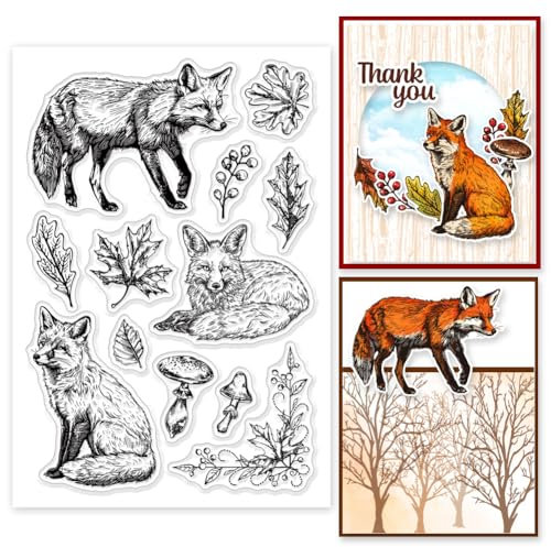 GLOBLELAND Herbst Clear Stempels Fuchs Blätter Pilz Silikon Clear Stempel Siegel Pflanzen Tiere Transparent Stamps Für DIY Scrapbooking Kartenherstellung Heimdekoration