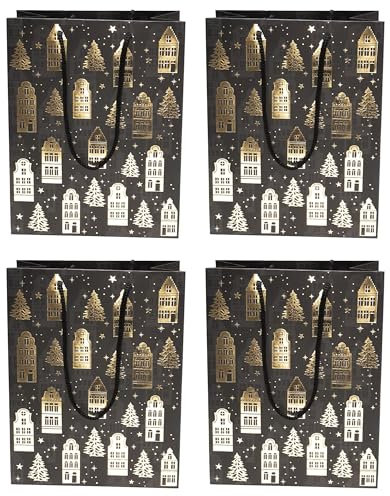4 Stück Premium Geschenktaschen - Häuser und Tannen - Schwarz Gold Sterne á 23x18x10 cm Papier Geschenktüte Papiertüte Weihnachten [D813-33]